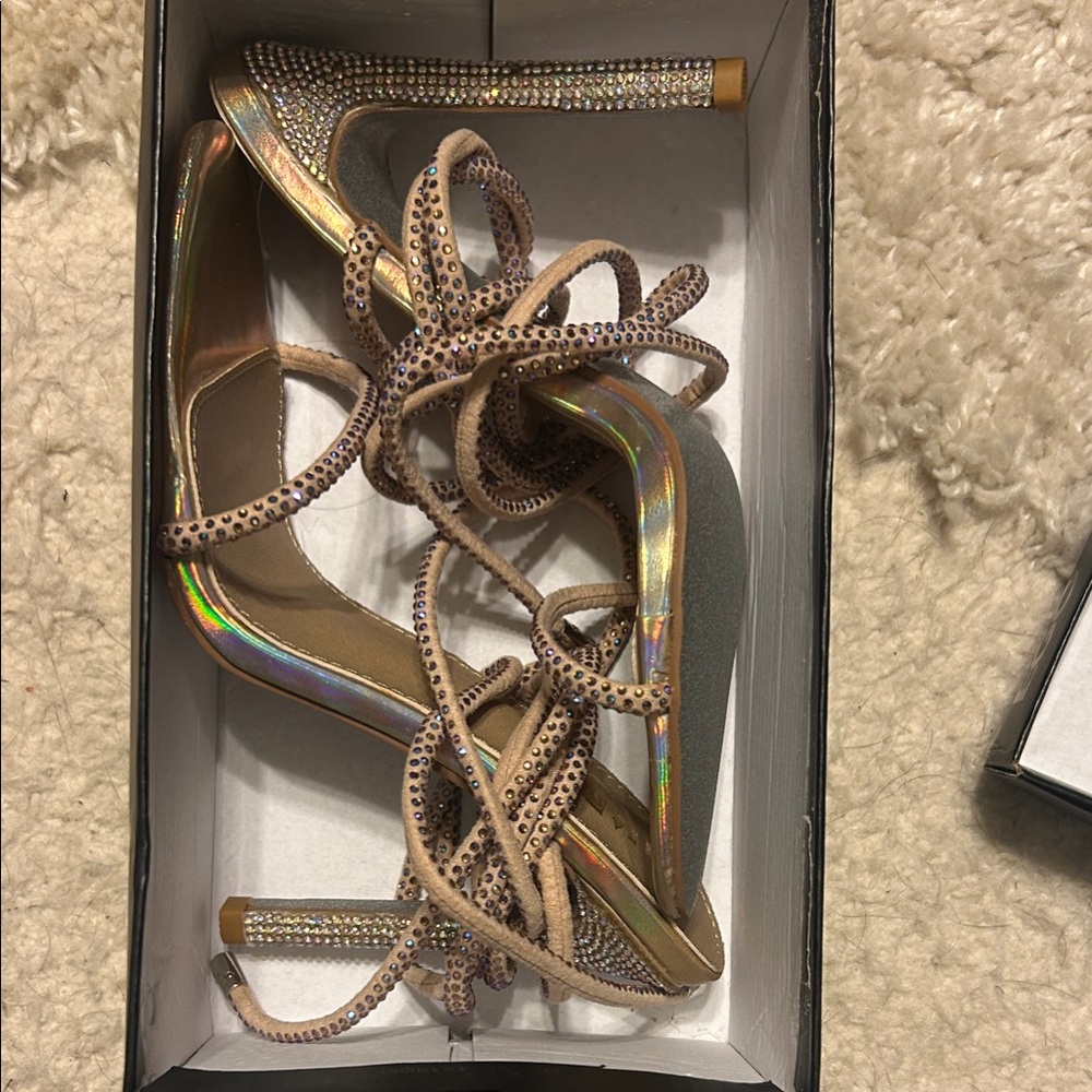 EGO Holographic Strappy Heels with Rhinestones